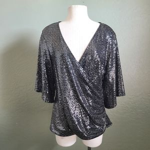 Prelude Womens Sparkly Silver Sequin Crisscross V Neck Top Festive Holliday Top